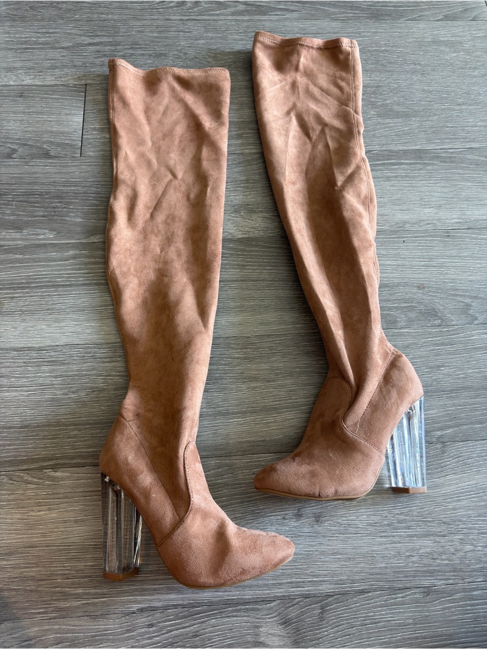 Windsor Women's Over-the-Knee Suede Boots in Tan with Clear Block Heel